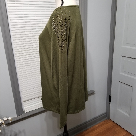 Lane Bryant Brass Beaded Embellished Shoulder Long Sleeve Tee - Olive - Picture 4 of 6